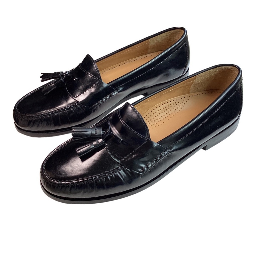 Cole Haan black leather slip on tassel loafers